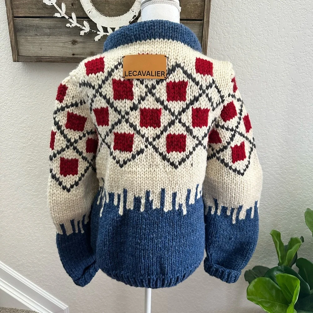LE CAVALIER KANATA SWEATER HANDKNIT BLUE/RED 100% wool‎ chunky size 42
